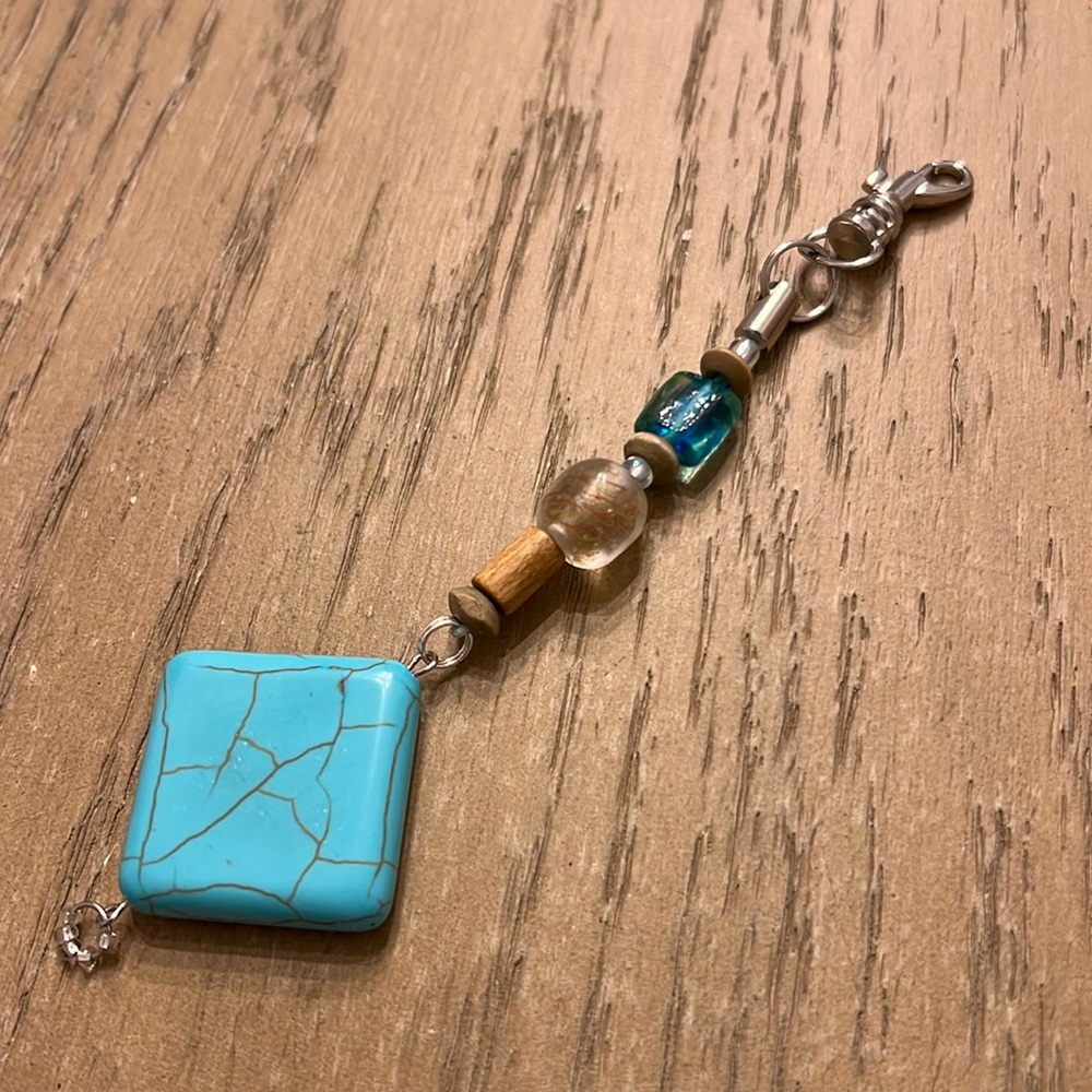 Handmade Turquoise, Glass & Wood Bead Bag Charm